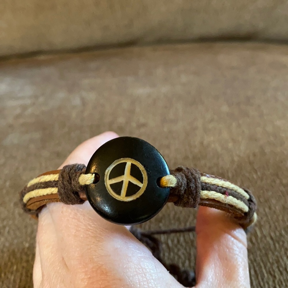 Peace sign leather and cord string bracelet